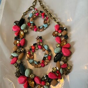 Multicolor Gemstone Statement Necklace and Earrings Set - Pink Accent